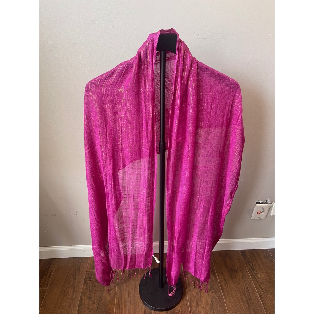 Collection Eighteen Magenta Pink Gold Metallic Stripe Pashmina Wrap Scarf Fringe